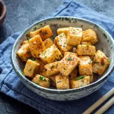 Kawałki smażonego tofu z ziołami w misce, obok pałeczki i sos.